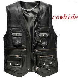 Koeienhuid lederen vest mannen bruin vest mannelijke mouwloze jas dikke motorfiets plus size vest multi pocket rits 211119