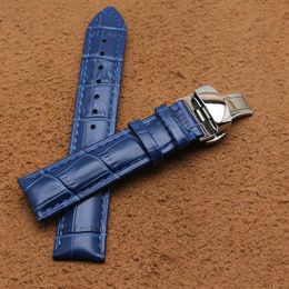 Cowhide Leather Band Watch Correa plateada acero inoxidable hebilla de metal de metal Despliegue de bandas de vigilancia azul para hombres 14 16 18 mm 28706911