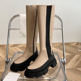 Koehide lederen knie-high laarzen zijkant zip schoenen ronde tenen dikke hak tall boot mode mode elastische laarsjes luxe ontwerpers schoen voor dames fabrieksschoenen