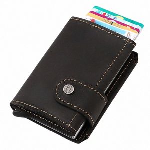 Porte-carte de crédit en cuir en cuir en cuir de vache RFID Banque de blocage Bank Card Portefeuille minimaliste pour hommes Clip Mey avec poche de pièce W6CG #