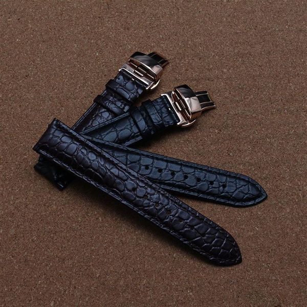 Bracelets de montre en cuir de vachette avec motif spécial grain de crocodile bracelet de montre boucle en or rose déploiement papillon noir marron nouveau 271Z