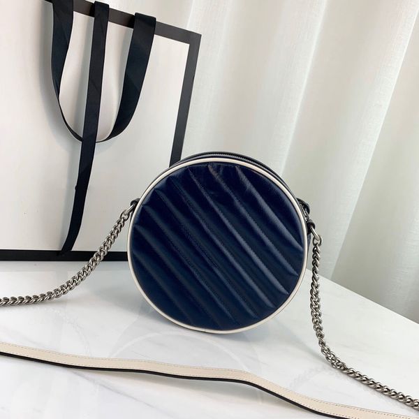 Bolsos redondos de piel de vaca de alta calidad, bolso circular con cadena de sarga ondulada, bolso de mensajero de un solo hombro para mujer, borde azul y blanco