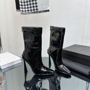 Cowskin Leather Boots teen 10,5 cm hoge hakken laarsjes verfraaide rits rits rekschoen luxe ontwerpers voor dames schoenen fabrieksschoenen