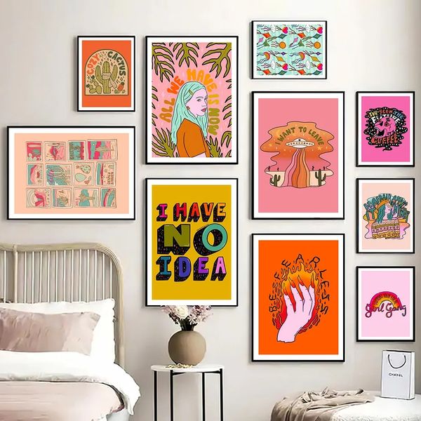 Acogedor resumen de lienzo de lona póster arte de pared impresa película futura universo soñadora niña cactus imagen de idea de color rosa postcards de la pared del hogar decoración de la pared del hogar