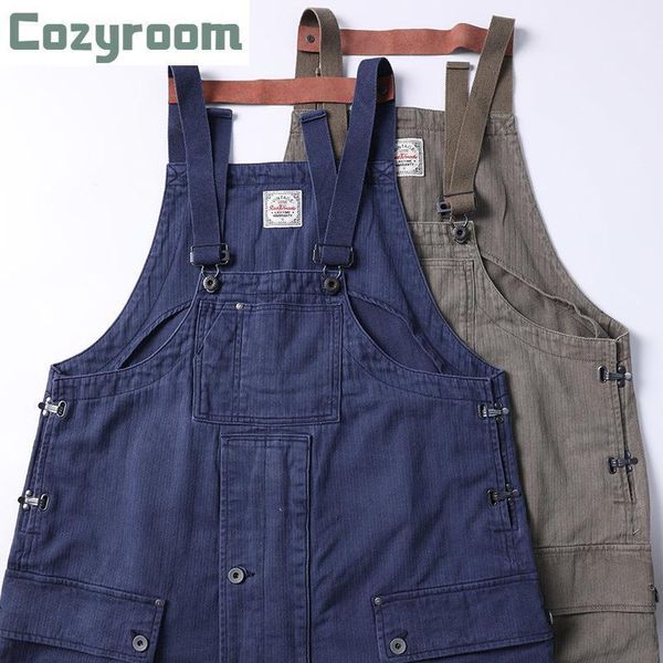 Cozyroom Marine-Latzhose, Armee-Vintage-Stil, Fischgrätenmuster, Herren-Overall, Arbeitskleidung, lockere Passform, Herrenhose