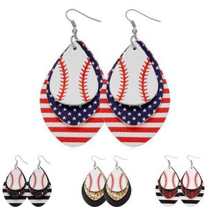 CPOP Multilayer Baseball PU lederen oorbellen voor vrouwen Amerikaanse vlag glitter blad hanger oorbellen mode-sieraden accessoires q0709