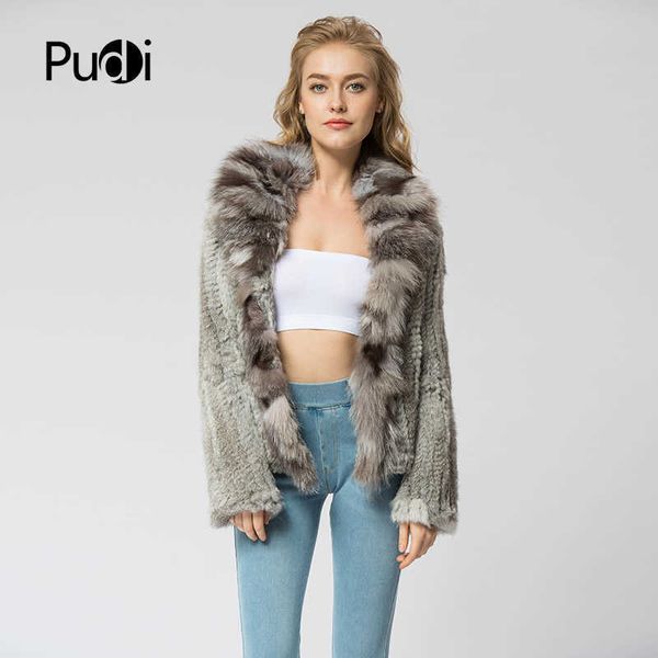 CR072 tricoté réel manteau de fourrure de lapin pardessus veste avec col de renard russe femmes hiver épais chaud véritable 210928
