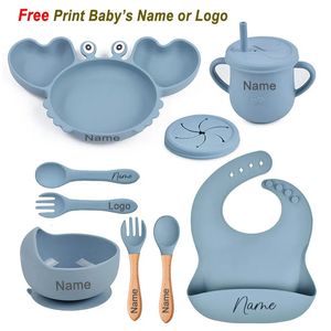 Krab Plaat Voor Baby Siliconen Servies Zuig Kom Lade Slabbetjes Lepel Gepersonaliseerde Naam Baby Voeden Set Kinderen 231225