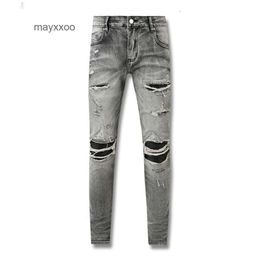 Jeans demin fissurés pour hommes street jean en cuir 2024 gris amiirii américain live high violet f8zy