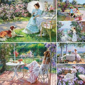 Artisanat 5D Peinture de diamant complète sur liquidation Paysage Dame dans le jardin Ensemble de broderie à faire soi-même Décor à la maison Kit de mosaïque de diamant Photo personnalisée