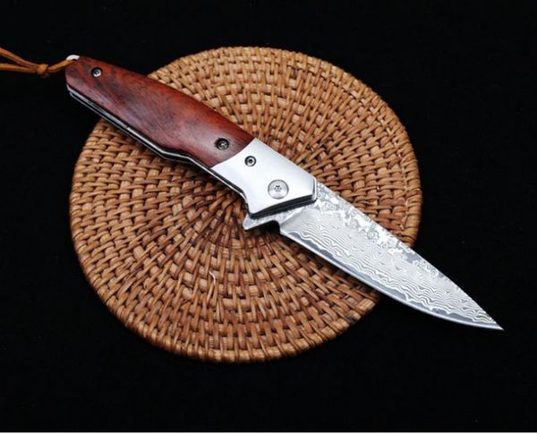 Cuchillo plegable de bolsillo con rodamiento artesanal VG10, hoja de Damasco, mango de palisandro, caza táctica, pesca, herramienta de supervivencia EDC, cuchillos a4034