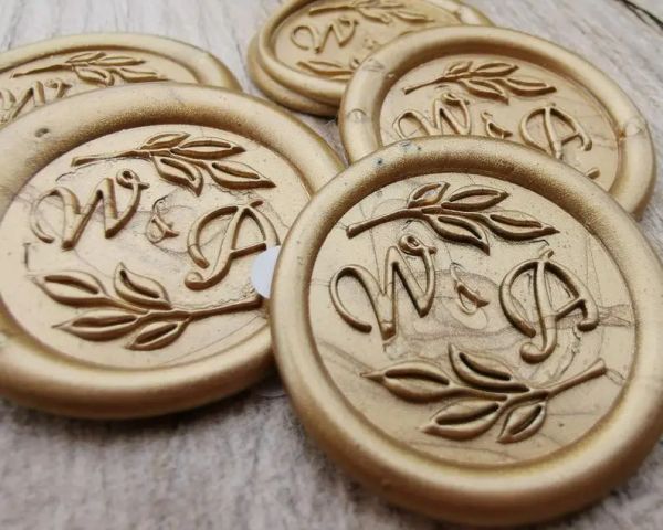 Iniciales de borde de hojas artesanales pegatinas de sello de cera personalizada, sellos de cera de envoltura auto adhesiva, sellos de cera para cáscara y palo
