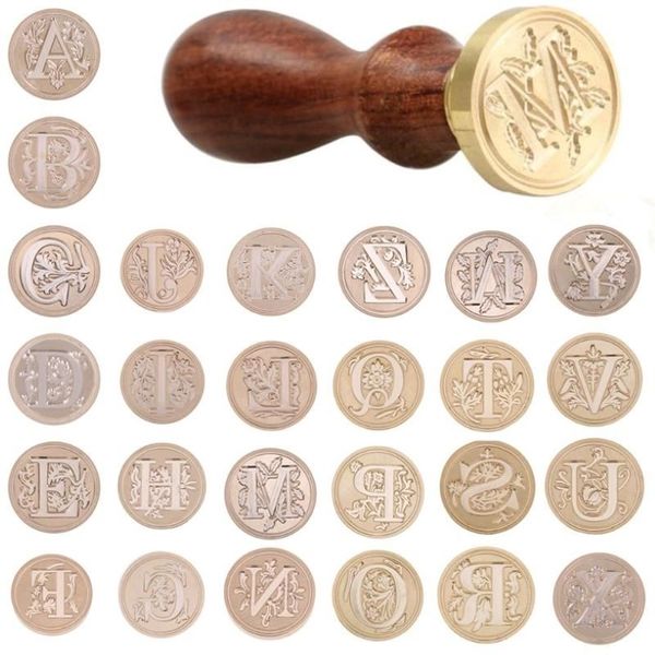 Herramientas artesanales Retro 26 letras Cera DIY Sello Sello Alfabeto Kits de madera Reemplace la cabeza de cobre Conjuntos de pasatiempos Decoración de postes 288D