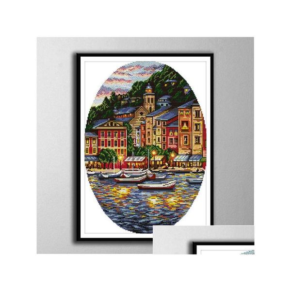 Outils d'artisanat Petite ville au bord de la mer Bricolage Point de croix Broderie Ensembles de travaux d'aiguille comptés Impression sur toile Dmc 14Ct 11Ct Tissu Long-Stapl Dhn35