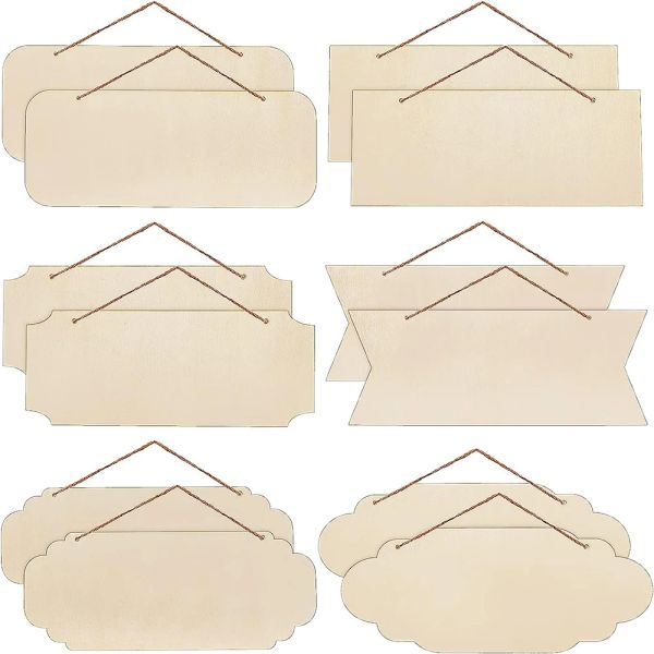 Artisanat 12pcs Signe en bois inachevé Rectangle rectangle suspendu Plaque en bois Plai Plain suspendu artisanat avec corde pour la porte murale décoration d'art