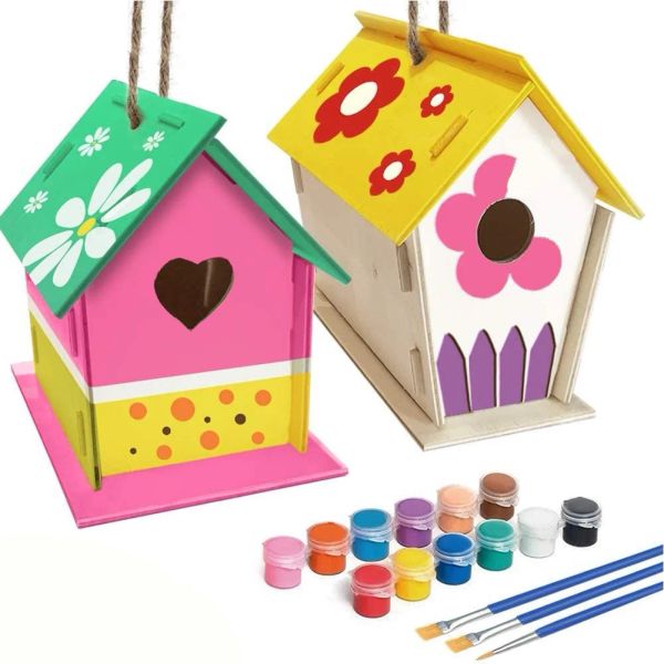 Manualidades 2 uds DIY pintura pájaro casa Kit pájaro casa nido artesanías para chico s hecho a mano madera construcción pintura cuerda de cáñamo chico regalo niños juguete