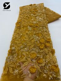 Tela de encaje 3d artesanal, 5 yardas, tela de encaje de tul con cuentas a mano de Dubái, apliques bordados, tela africana para Material de costura X2326