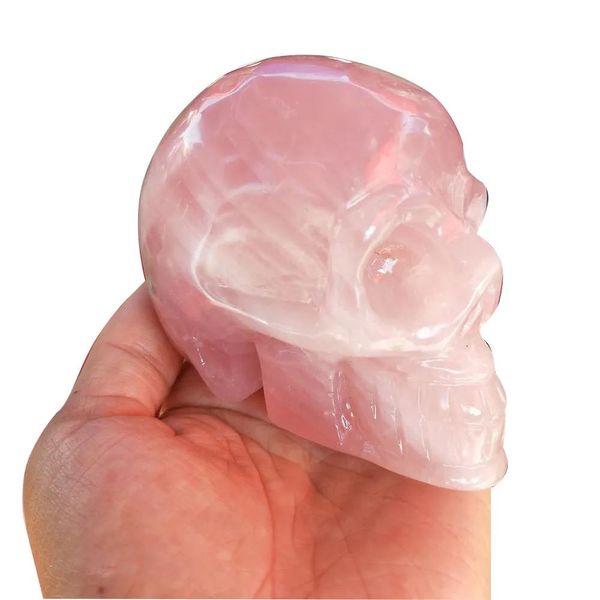 Crafts Calavera de Cristal Rosa Natural de 4 Pulgadas, Piedra de Cuarzo Rosa, Cristal Tallado, curación de Reiki, Modelo de Calavera Humana Realista, Estatua de Feng Shui