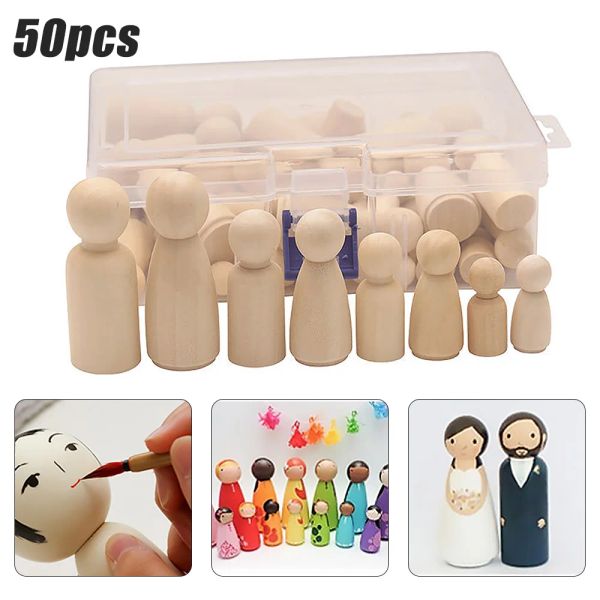 Crafts 50pcs Poupées en bois en bois figures non peintes bricolage artists enfants cadeaux d'anniversaire à la main.