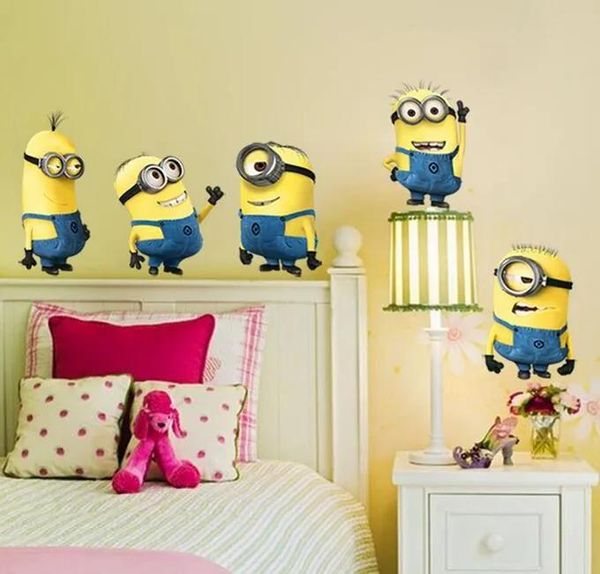 Manualidades minions película etiqueta de la pared para la habitación de los niños decoraciones para el hogar diy pvc calcomanías de dibujos animados regalo de los niños artes murales 3d carteles papel tapiz