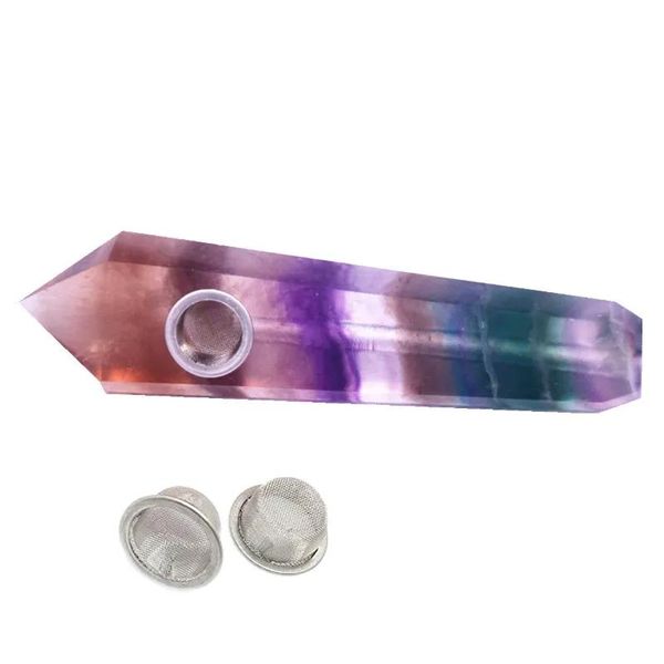 Manualidades Natural fluorita arcoíris escultura de varita de una sola punta pipa de cristal para fumar gema mineral mineral con 3 uds de filtros de metal gratis