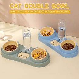 Crafts Nouveaux bols doubles pour chien et chat avec distributeur d'eau Plats de nourriture pour chat inclinés pour animaux de compagnie d'intérieur Ensemble de bols de nourriture humide et sèche facilement détachés