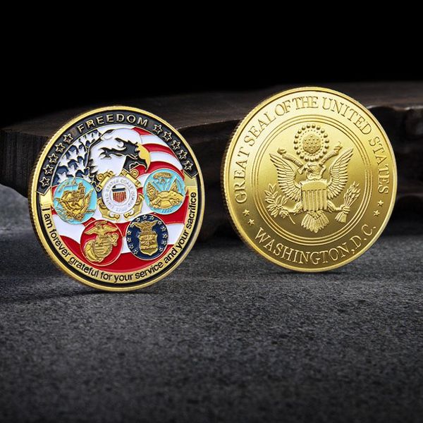 Artisanat USA Navy USAF USMC Army Coast Guard Freedom Eagle 24K Gold Plate Rare Challenge Coin Collection Pour cinq grandes nations militaires XHH21-410