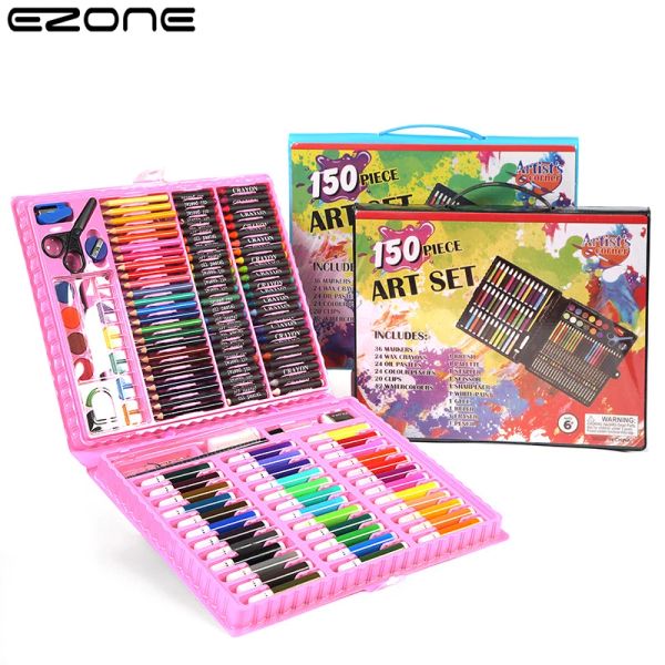 Crayons ezone 150pcs / set kids crayon ensemble aquarelle crayon couleur crayon étudiant art peinture papeterie brosse cadeaux d'anniversaire d'enfants