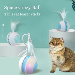 Crazy Cat Teaser Cat Toys Interactive Rolling Ball 2 en 1 Bird Sound Cats Sticks LED Automatique Rolling Cats Moving Toy Pet Toys 240226