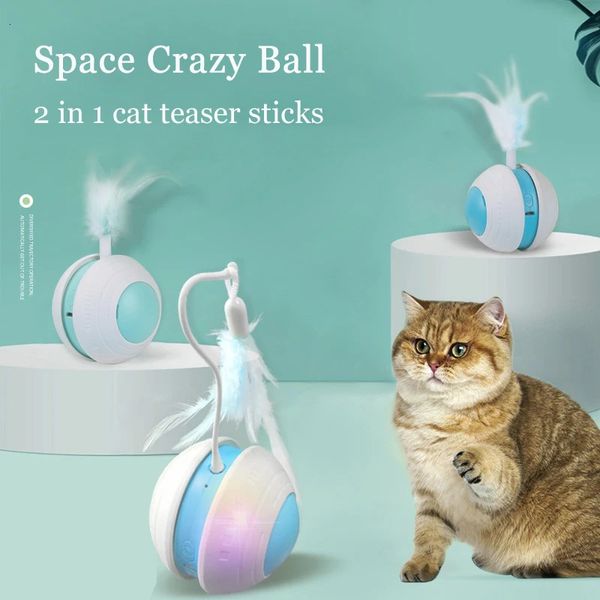 Crazy Cat Teaser Cat Toys Interactive Rolling Ball 2 en 1 Bird Sound Cats Sticks LED Automatic Rolling Cats Moving Toy Pet Toys 240401