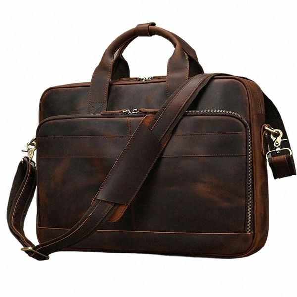 Maletín de cuero genuino Crazy Horse para hombre, bolso grande Vintage para ordenador portátil de 16 pulgadas, bolso de hombro grande de piel de vaca para hombre I981 #