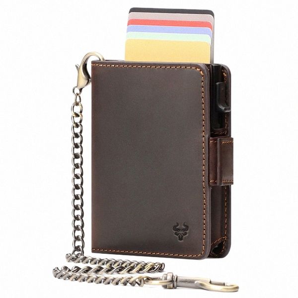 Crazy Horse en cuir en cuir support RFID Blocking Card Case Smart Pop-Up Card Holder Fi Men's Wallet avec LG Antift Chain 65KB # #