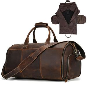 Crazy Horse cuir pliant costume sac homme sac de voyage d'affaires avec poche à chaussures vêtements couverture bagages sac polochon homme sac pour costumes 240104