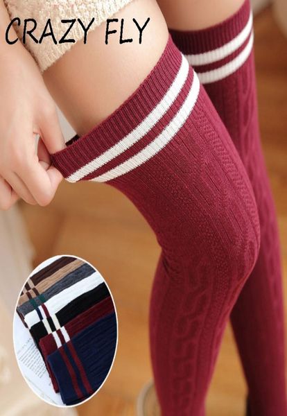 CRAZY Sexy genou chaussettes longues rouge blanc noir coton rayé longues chaussettes décontracté respirant dames haut sur le genou 20199243841