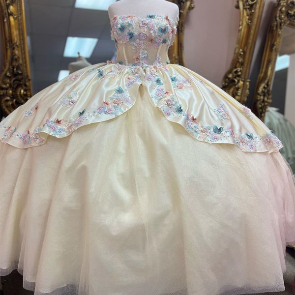 Color crema princesa dulce 16 vestidos de quinceanera fuera del hombro reinicio con cuentas de bono vestido para debutante de 15 anos