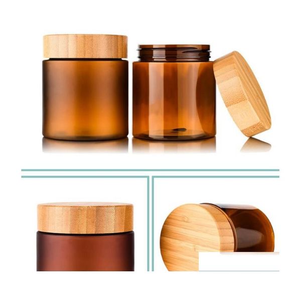 Jar crème 150 ml / 250 ml bouteilles d'emballage de récipient Amber Pet Cosmetic 8oz Plastique avec capuchon à vis Bamboo Livraison de couvercle en bois Offi Dhdkl