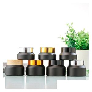 Cream Jar Groothandel Amber Glass Jars 15g 30 g 50g Groene Cosmetic Packing Bottle met witte binnenvoering en zwarte gouden deksels vallen Dhznv