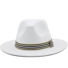 Sombrero Fedora de Jazz color crema con banda a rayas para mujer y hombre, gorra de fieltro con ala ancha, sombrero elegante para fiesta, boda, Iglesia