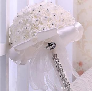 Crème Satin Rose Bridal Wedding Bouquet Wedding Decoratie Kristallen Artificiële bloem bruidsmeisje Bruids Hand Hand met bloemen