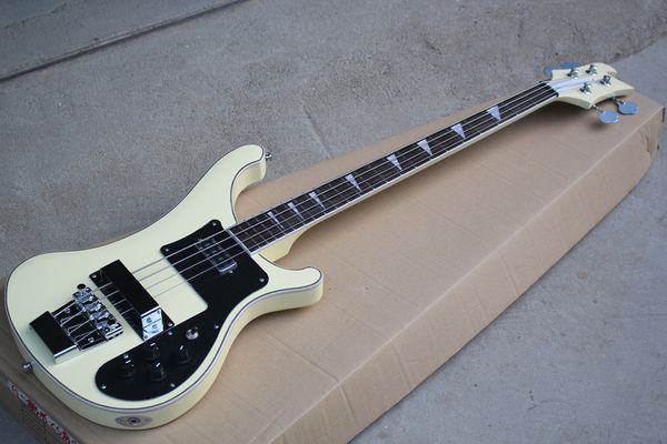 Guitare basse électrique 4 cordes jaune crème avec manche en palissandre, pickguard noir, matériel chromé, fournir des services personnalisés