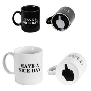 Taza de café de cerámica creativa de 11 oz para hombres y mujeres, tiene un buen día con la parte inferior del dedo medio, taza divertida de café, té, leche, vaso fresco, regalos novedosos