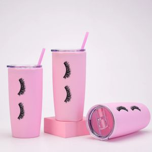 Creatieve 20 oz Roze Wimpers Waterbeker Plastic Reisautobeker met Deksel Stro Dubbelwandige Koffiekopje Drinkgerei Voor Meisjes Cadeau 240304