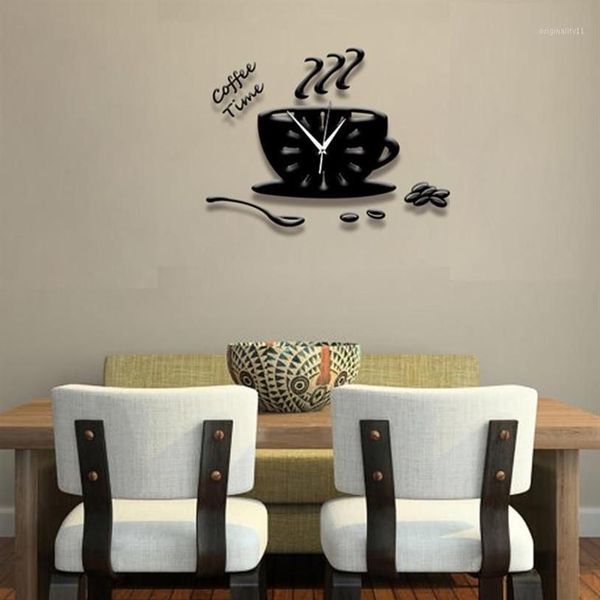 Tetera acrílica 3D creativa, reloj de pared, taza de café, cuchara, relojes decorativos de cocina, comedor, dormitorio, decoración del hogar, autoadhesivo, 1270m