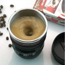 Creative 400 ml RVS Camera Lens Vorm Zelfroerende Mokken Cup Kantoor Thermoskan Koffie Thee Cup Nieuwigheid Geschenken Koel Zwart 20290C