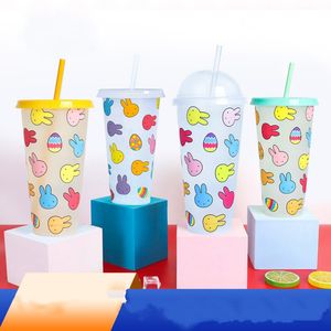 Creatieve 710 ml Pasen Drinkware Koude Kleur veranderende Plastic Bekers Konijn Decoratie Sap Cup Met Deksel en Stro Q173