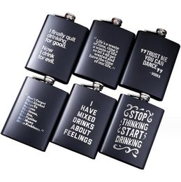 Frasco de quadril criativo de aço inoxidável, 8oz, letra em inglês, preto, personalizado, para uso externo, portátil, uísque, pote de vinho, garrafa de álcool