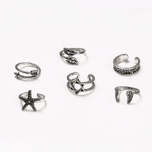 Creatief verstelbare retro holle gesneden ster maan teen ringen verstelbare openingsvinger voor vrouwen boho strand voet ring sieraden 6 stks/set