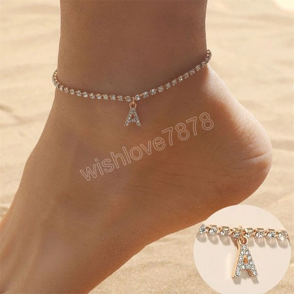 Tobillera con alfabeto creativo para mujer, cadena de playa con diamantes de imitación cuadrados de lujo, pulsera de pie a la moda, accesorios, regalos de joyería de fiesta