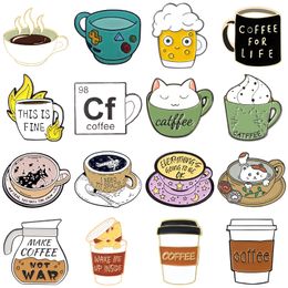 Creatief Animal Cat Coffee Cup Email Pins Landschap fles Koffie Pot Water Cup Heart Alloy Badge Badge Woman Sieraden Gift