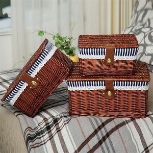 Creatieve bamboe geweven opslagmand met deksel met slot opbergde kleding sundries speelgoed opbergdoos Organisator Wicker Material-66819 T200415